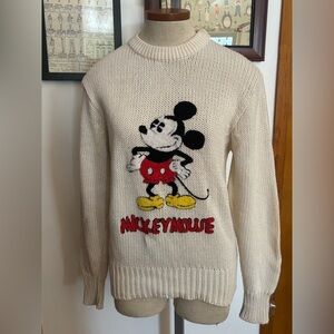 VINTAGE: Disney Mickey Mouse chenille patch Knit Sweater SZ.S (IVORY-MULTI)